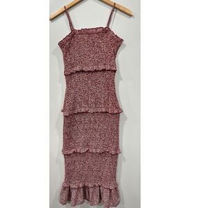 Tiered red dot pattern strapless midi dress small